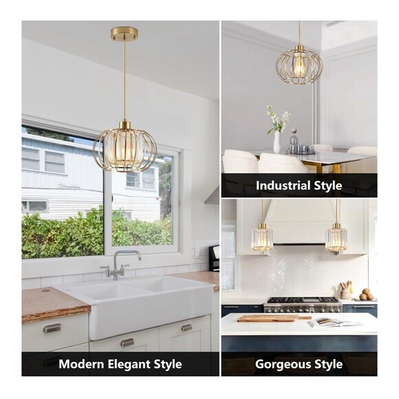 XSDeTu 1 Single Gold Crystal Pendant Light Kitchen Light Adjustable 59 inch Cord - Picture 6 of 14